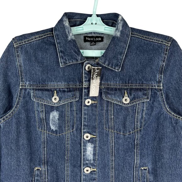 New Look Women's Distressed Blue Denim Jacket Size M Button-Down Cotton NWT - Picture 3 of 10
